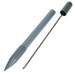 Gray plastic seed dibber with a pointed tip and a separate metal planting rod with a capped handle. Garden tool.