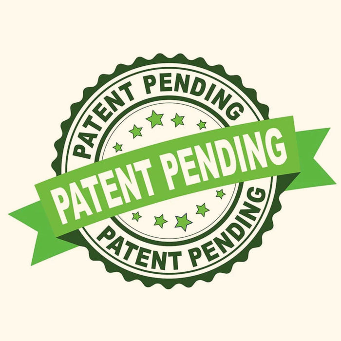 Green "PATENT PENDING" badge with ribbon and stars. Signifies intellectual property application status.