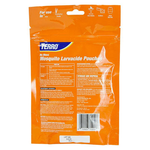 TERRO No Mess Mosquito Larvicide Pouches in orange packaging. For mosquito control in ponds, bird baths, gutters, rain barrels.