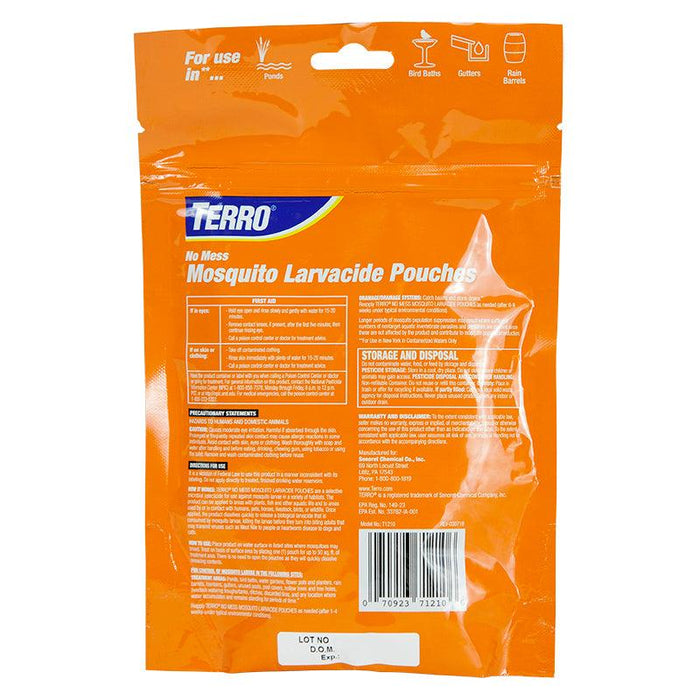 TERRO No Mess Mosquito Larvicide Pouches in orange packaging. For mosquito control in ponds, bird baths, gutters, rain barrels.