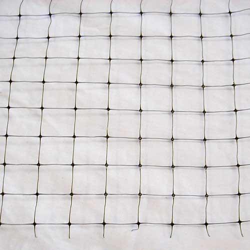 Durable black plastic garden netting with square mesh for plant support or bird protection.