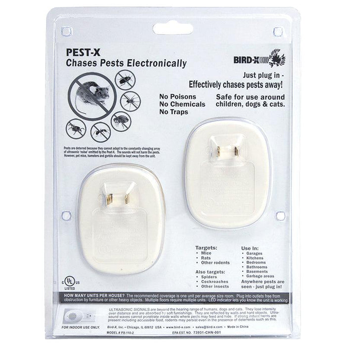 Bird-X Pest-X plug-in ultrasonic pest repellers. Electronic pest control for mice, rats, spiders, roaches. Safe for pets/kids.
