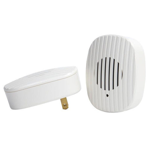 White ribbed plug-in ultrasonic pest repeller and matching wireless speaker.