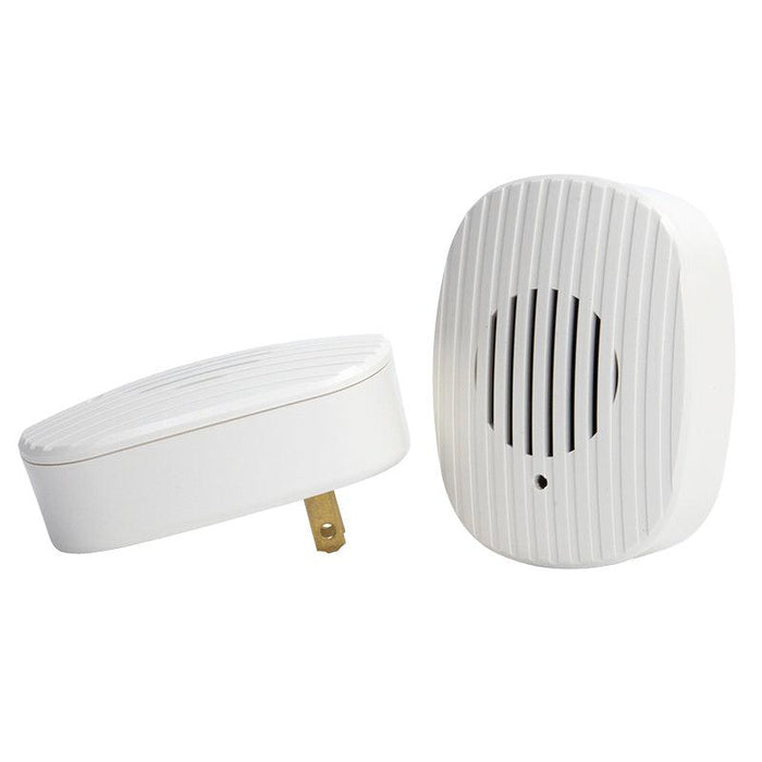 White ribbed plug-in ultrasonic pest repeller and matching wireless speaker.