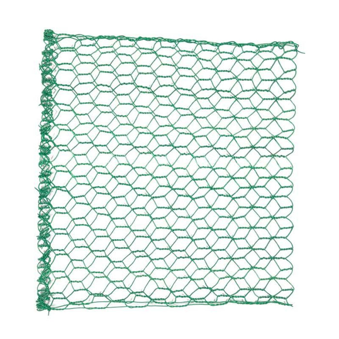 Green chicken wire mesh with hexagonal pattern for garden fencing and poultry enclosures.