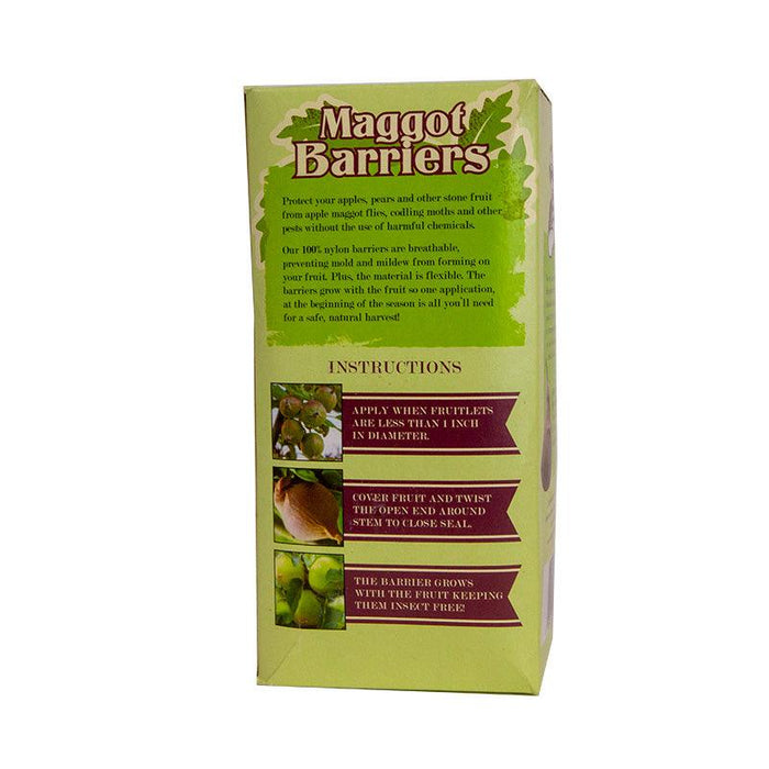 Maggot Barriers chemical-free fruit protection for apples, pears, stone fruit from maggot flies and codling moths.