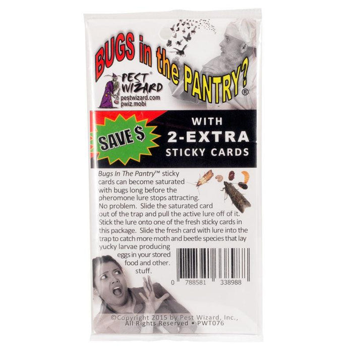 Pest Wizard "Bugs In The Pantry?" moth and beetle sticky traps. 2 extra pheromone lure cards for pantry pest control.