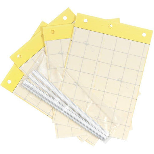 Yellow sticky fly traps with grid, hanging holes, and stakes for plant pest control.