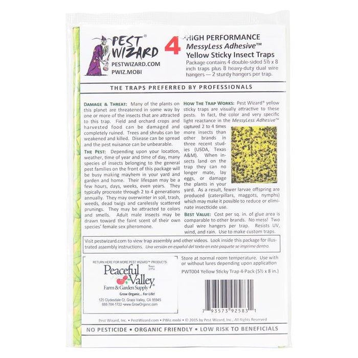 Pest Wizard Yellow Sticky Insect Traps 4-pack with MessyLess adhesive for organic plant pest control.