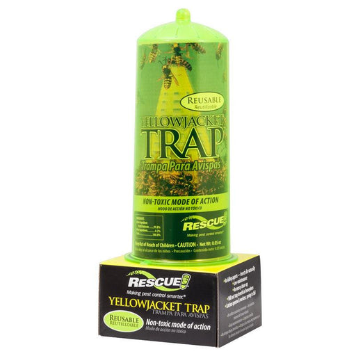 RESCUE! Yellowjacket Trap: non-toxic, reusable pest control. Green bottle with wasps, on product box.