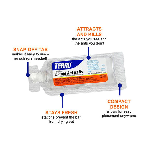 TERRO Liquid Ant Baits, easy-to-use ant killer. Compact design with snap-off tab, keeps bait fresh to attract and kill ants.