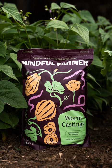 Mindful Farmer Worm Castings 10lb bag, an organic soil amendment for vibrant garden growth and healthy plants.