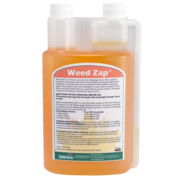 Weed Zap organic herbicide bottle by SaferGro. Broad-spectrum weed killer with measuring cap.