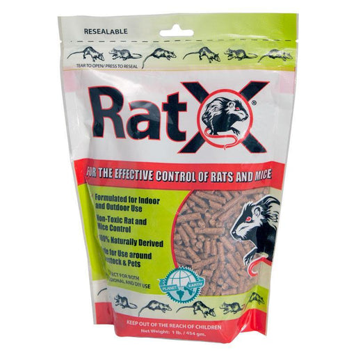 RatX non-toxic rodenticide for effective rat and mouse control. Safe for indoor/outdoor use, livestock, and pets. 1 lb bag.