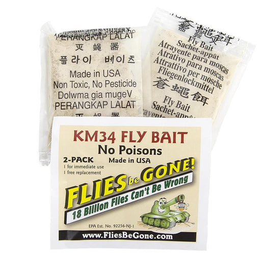 KM34 Fly Bait "Flies Be Gone!" 2-pack. Non-toxic, pesticide-free fly trap for effective insect control. Made in USA.