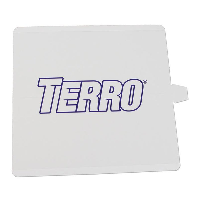 White TERRO ant bait trap or refill with blue logo.