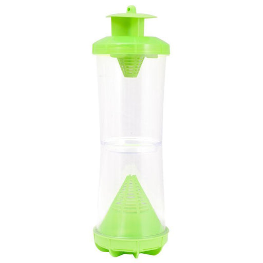 Green and clear reusable fruit fly trap with funnel design for effective indoor pest control.