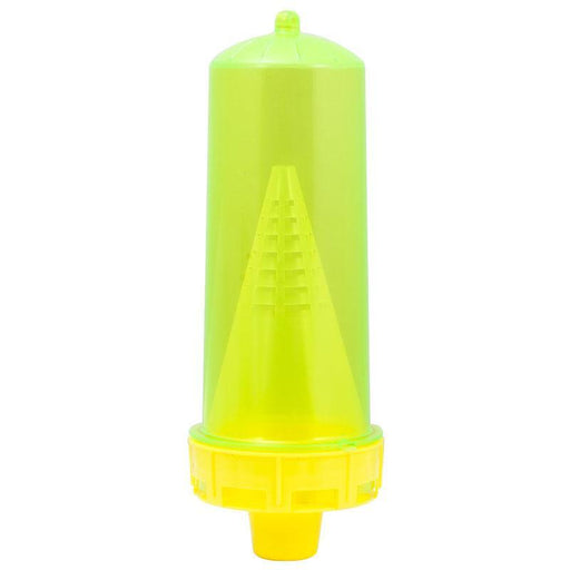 Fluorescent yellow-green reusable insect trap with internal funnel for flies, wasps, outdoor pest control.
