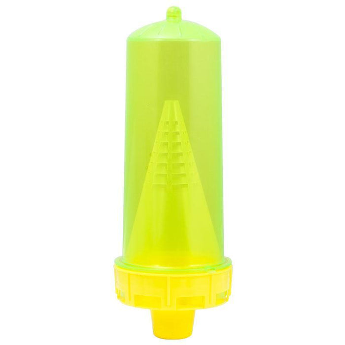 Fluorescent yellow-green reusable insect trap with internal funnel for flies, wasps, outdoor pest control.