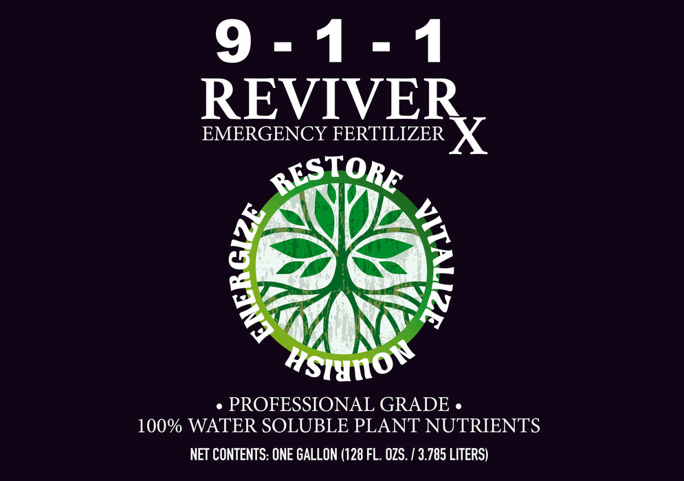 9-1-1 Reviver X Emergency Fertilizer for plants. Professional grade, 100% water soluble nutrients to energize, restore, vitalize, nourish.