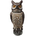 Brown owl decoy with prominent orange eyes and textured feathers. Ideal for bird deterrent, garden pest control, and decor.