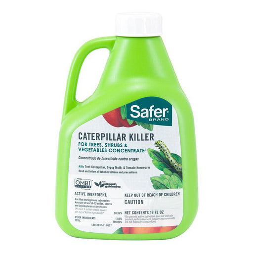 Safer Brand Caterpillar Killer concentrate for organic trees, shrubs, vegetables. OMRI listed garden insecticide.