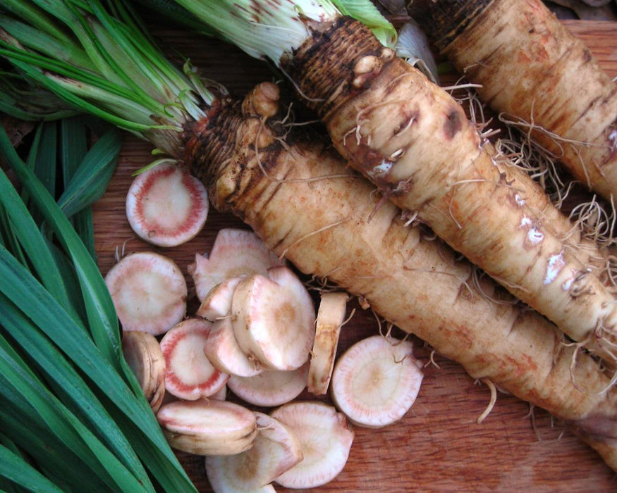 Fresh horseradish roots, green leaves, and sliced pieces displaying white and pink interiors on a wooden surface.