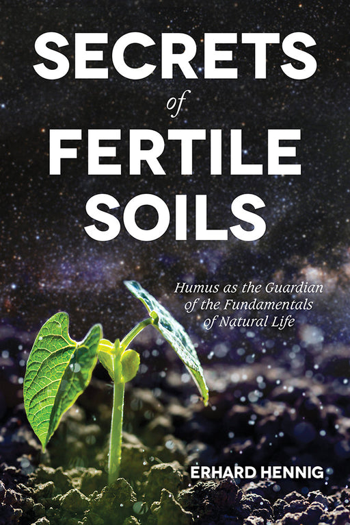 Secrets of Fertile Soils book cover. Green sprout in rich soil under starry sky. Humus for natural life, plant growth.