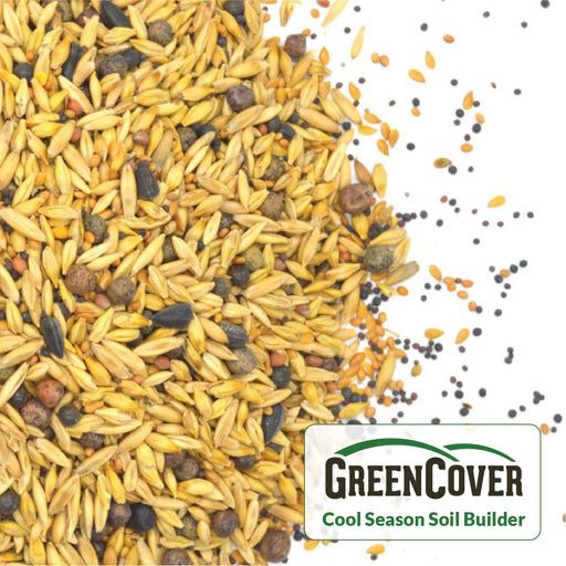 GreenCover Cool Season Soil Builder seed blend: oats, peas, sunflower, and brassica cover crop seeds.