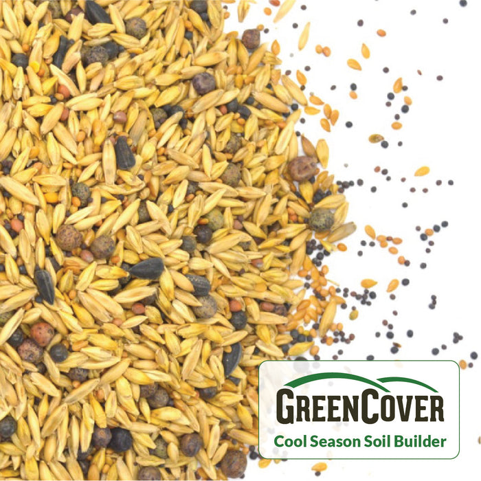 GreenCover Cool Season Soil Builder seed blend: oats, peas, sunflower, and brassica cover crop seeds.