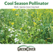 Vibrant cool season pollinator cover crop mix: white radish, yellow mustard, purple phacelia flowers, and green grasses.