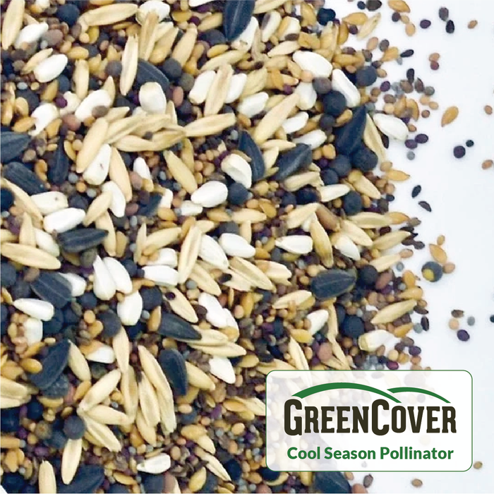GreenCover Cool Season Pollinator seed mix with sunflower, oat, and diverse small seeds for wildlife & cover crops.