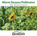 Warm season pollinator multi-species cover crop field with sunflowers and a bee collecting pollen.