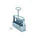 Metal soil blocker gardening tool for seed starting, creates multiple square cells. Includes white dibblers.