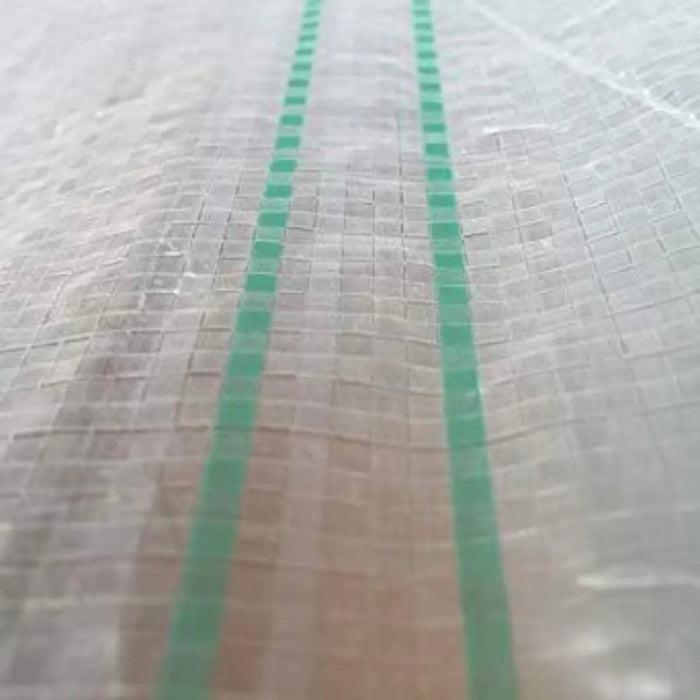 Translucent woven fabric with grid texture and two green vertical stripes. Durable greenhouse film, tarp, or weed barrier.