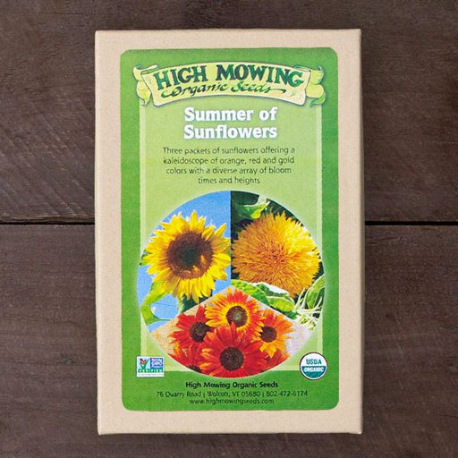 High Mowing Organic Seeds Summer of Sunflowers seed packet. Features vibrant red, orange, and gold sunflower varieties. USDA Organic.