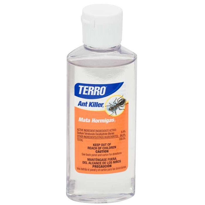 Terro Ant Killer liquid concentrate in a clear bottle with white cap. Borax-based pest control for ants.