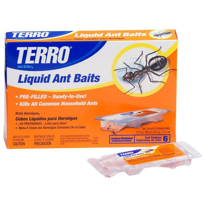 TERRO Liquid Ant Baits box, 6 pre-filled indoor/outdoor stations. Kills common household ants.