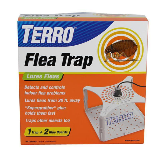 Terro Flea Trap box, an effective indoor pest control solution. Includes light trap and glue boards for fleas and insects.