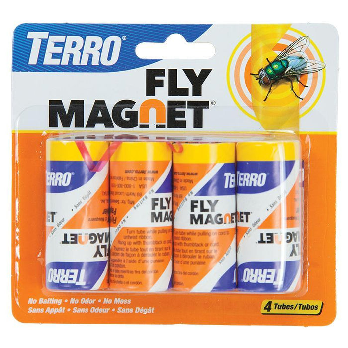 Terro Fly Magnet 4-pack sticky fly traps: no baiting, odor, or mess. Pest control with housefly graphic.