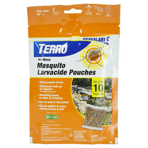TERRO Mosquito Larvacide Pouches (10). Kills larvae for 2 months in ponds, bird baths, gutters, rain barrels. Fish safe.