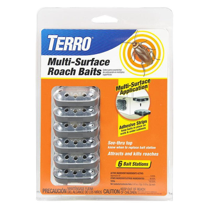 TERRO Multi-Surface Roach Baits, 6 clear plastic stations for killing cockroaches. Adhesive strips for walls & cabinets.
