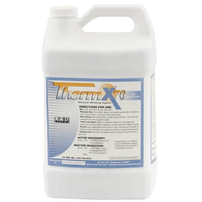 White ThermX70 Natural Wetting Agent Soil Conditioner jug. OMRI Listed organic plant care for water penetration.