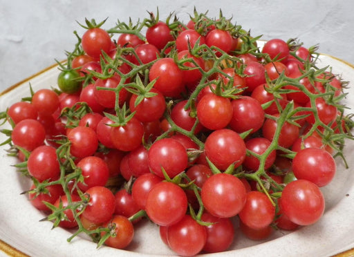 Fresh red cherry tomatoes on the vine, one green, piled high on a rustic plate.