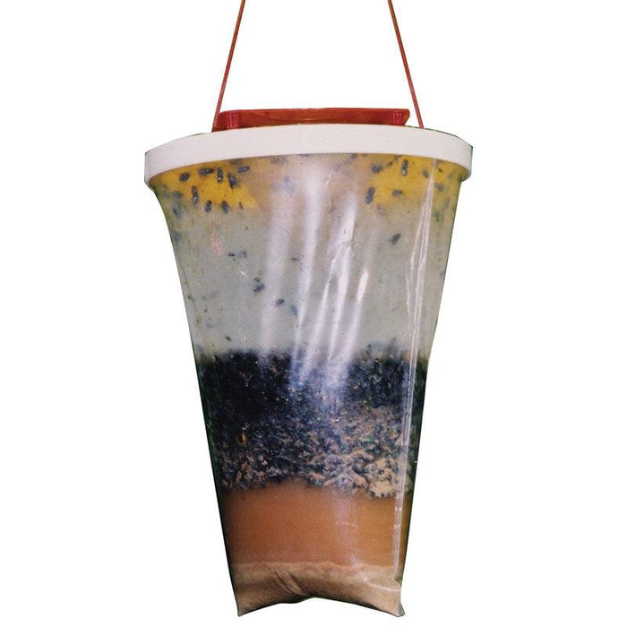 Hanging clear fly trap with red top, filled with dead flies and attractant bait for outdoor pest control.