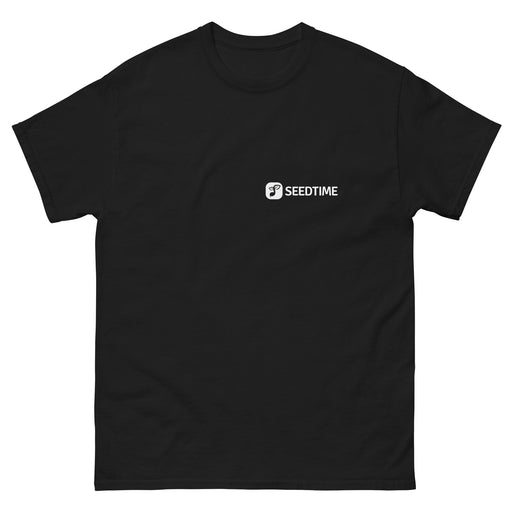 Black crew neck t-shirt with white Seedtime logo and plant icon on the left chest.