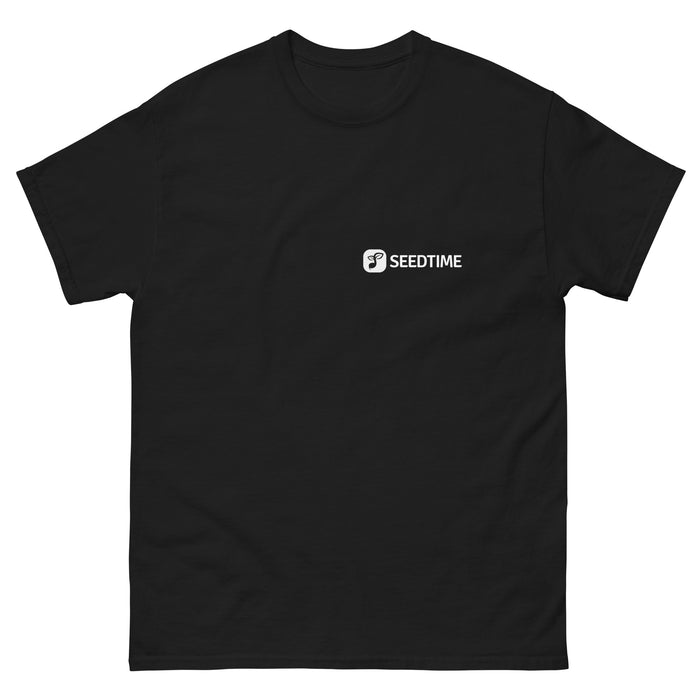 Black crew neck t-shirt with white Seedtime logo and plant icon on the left chest.