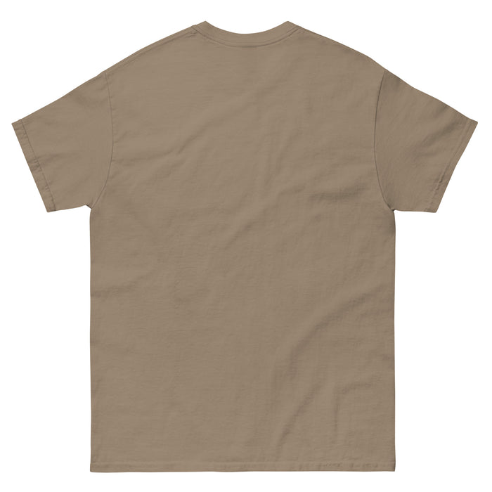 Blank khaki t-shirt, back view. Plain short sleeve crew neck tee, unisex casual apparel.