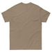 Blank khaki t-shirt, back view. Plain short sleeve crew neck tee, unisex casual apparel.