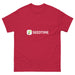 Red t-shirt with white Seedtime logo and green sprout icon. Gardening apparel for plant enthusiasts.
